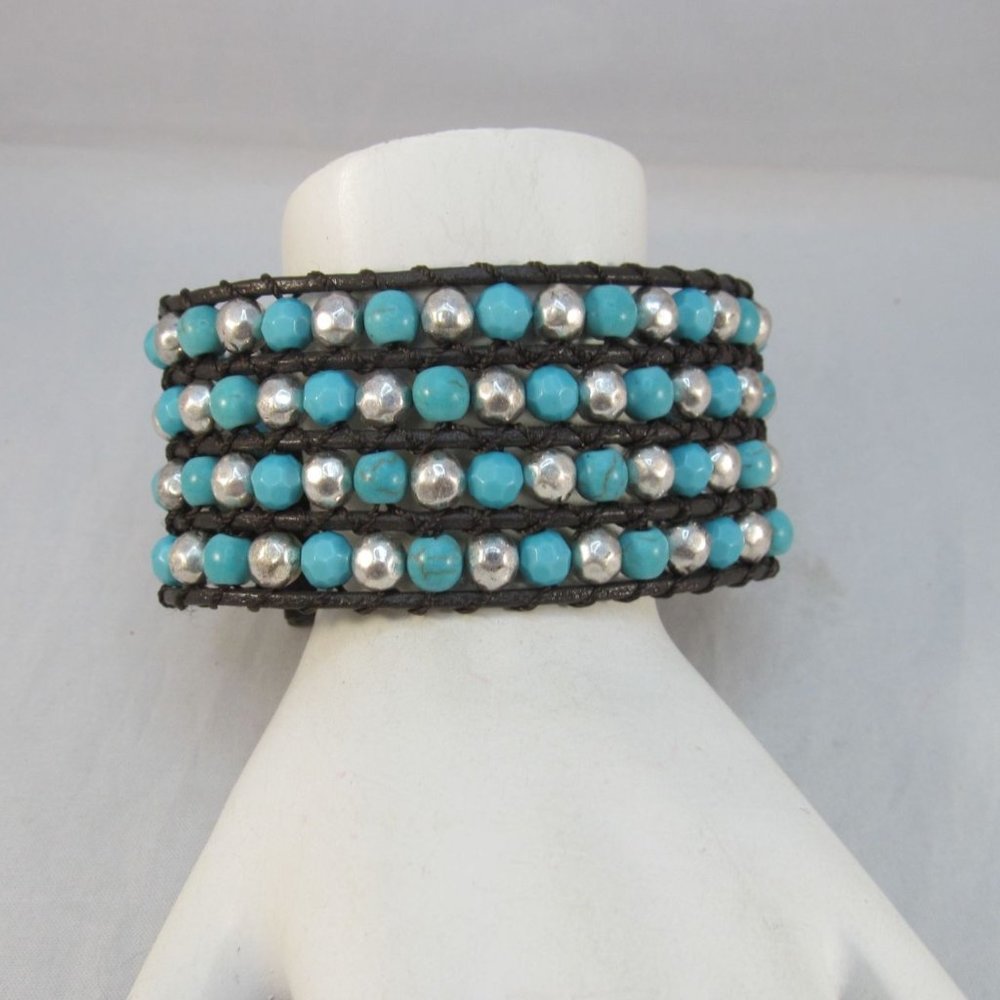 Beaded Leather Wide Wrap Bracelet with Snap Closures